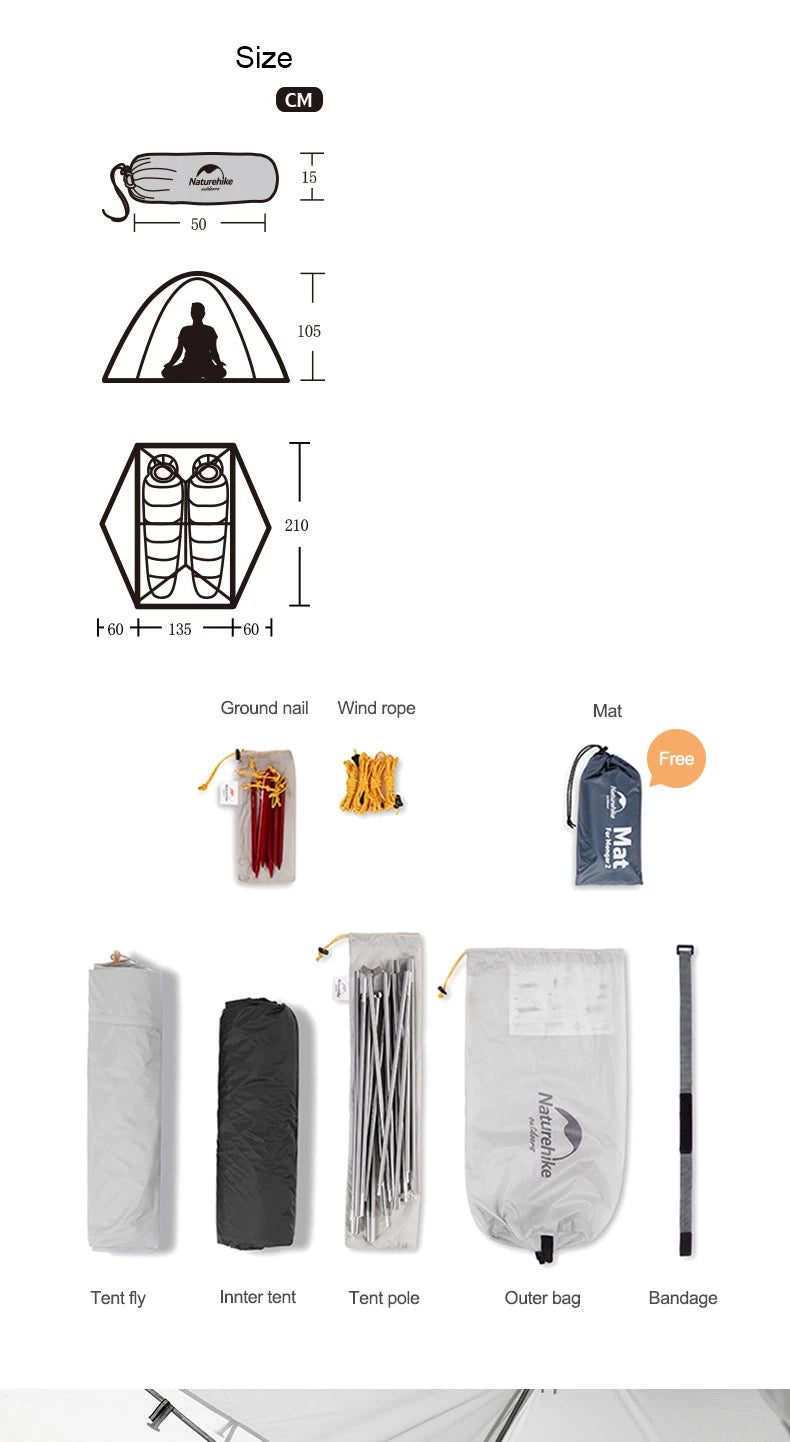 Naturehike Mongar UL 2 Tent 2 Person Backpacking Tent 20D Ultralight Travel Tent Waterproof Hiking Survival Outdoor Camping Tent