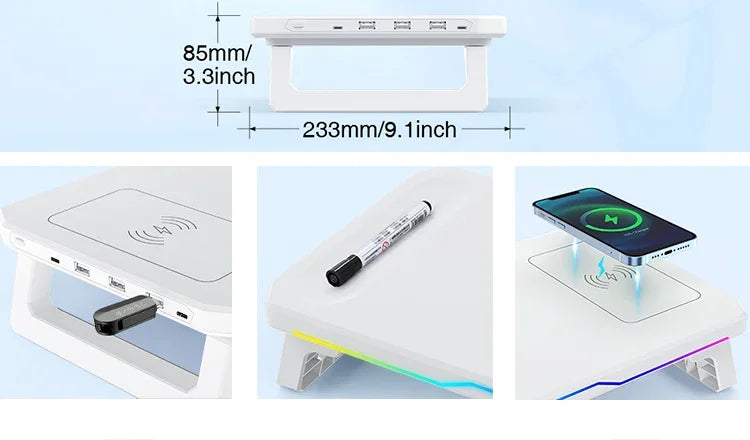 RGB Light Effect Rechargeable Desktop Monitor Height Stand 3 USB 2.0 Port Universal Laptop Storage Rack With Wireless Charging