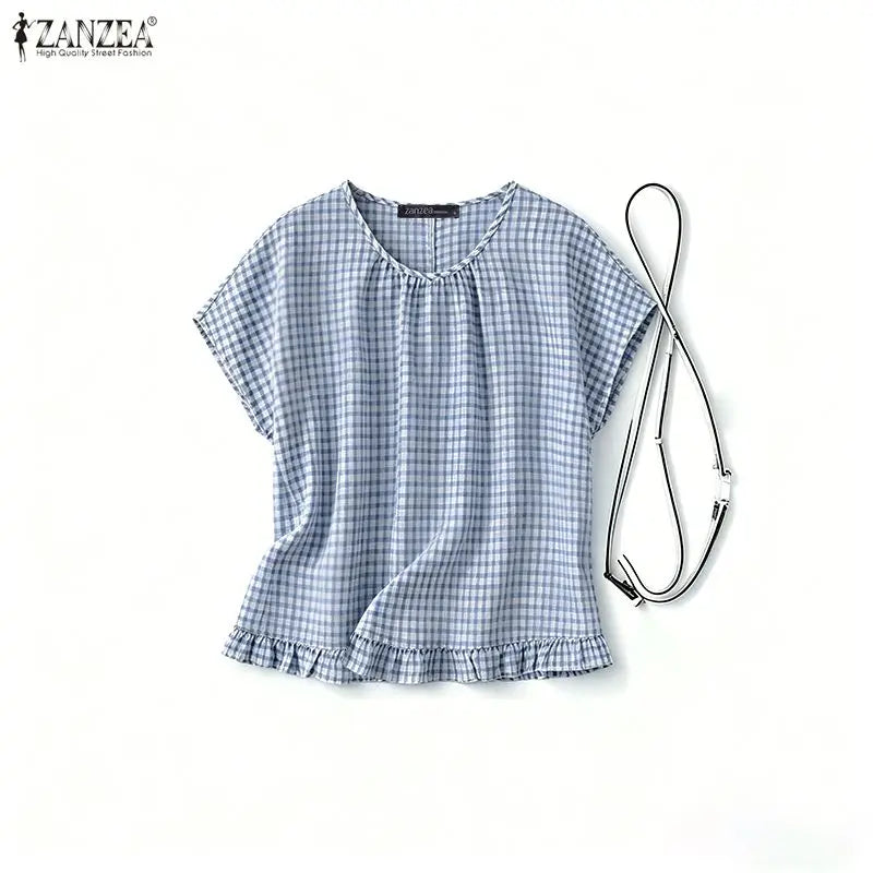 Women Summer Plaid Checked Blouse ZANZEA 2026 Fashion O Neck Short Sleeve Tops Casual Loose Holiday Shirt Elegant Work Blusas