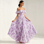 2026 summer off-the-shoulder tulip print plus size slimming square neck maxi dress