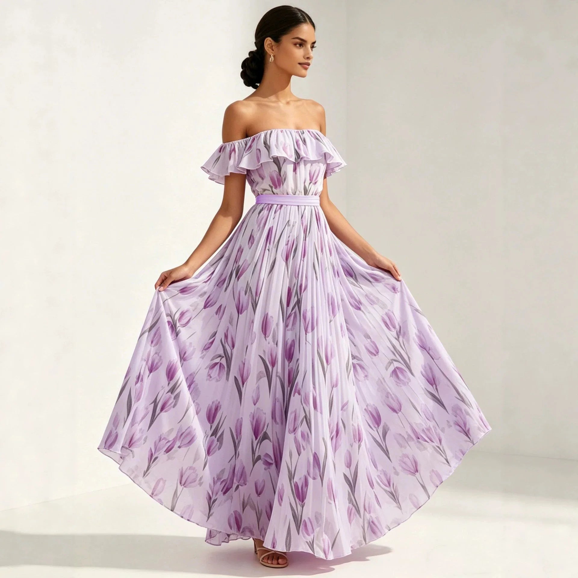 2026 summer off-the-shoulder tulip print plus size slimming square neck maxi dress