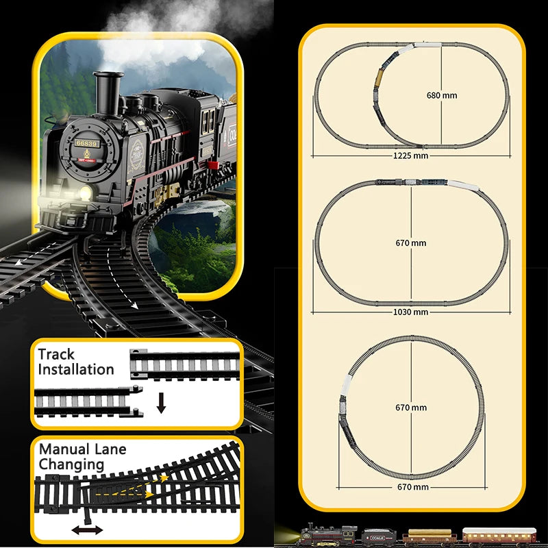 Kids Retro Electric Steam Train Rail Toys Classical Railway Freight Train High-Speed Tracks Train Model Boys Toys Christmas Gift