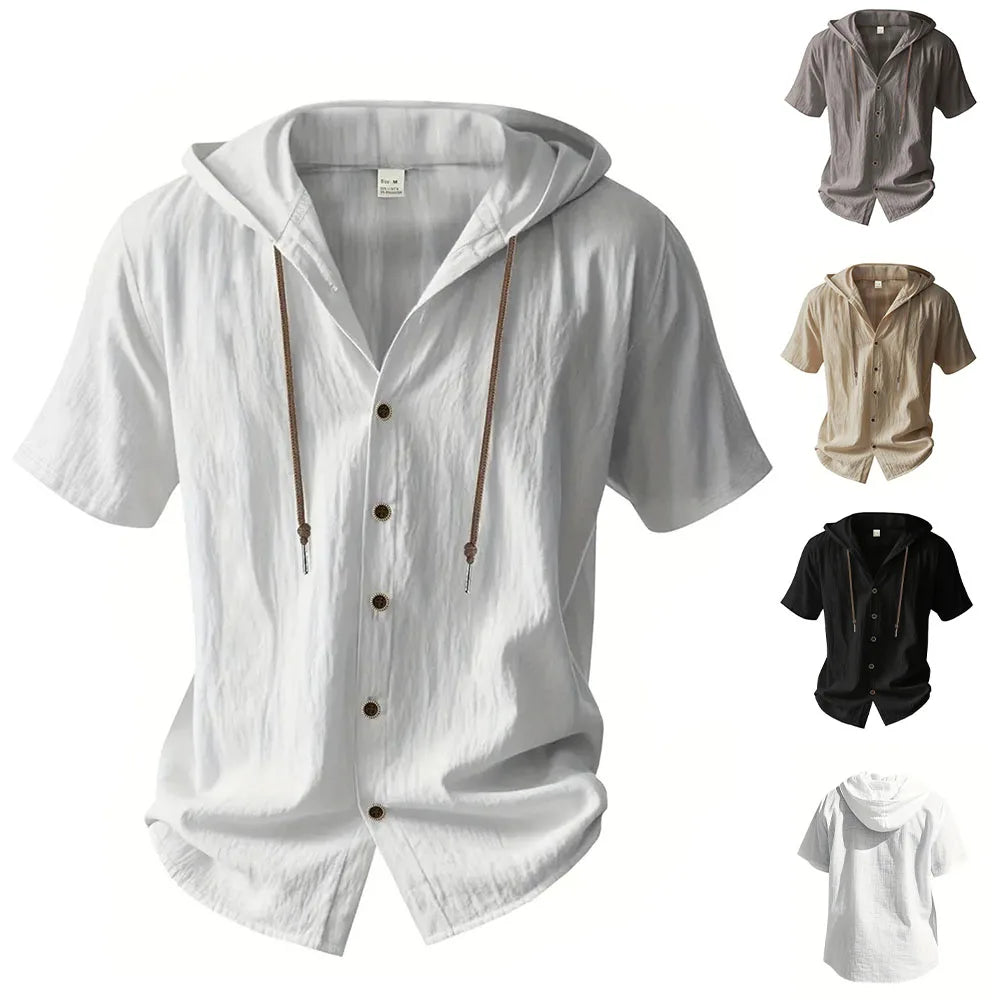 Cotton Linen Shirt for Men Hooded Short Sleeve Solid Color Breathable Lightweight Drawstring Design Shirts Casual Basic Tees Main image
