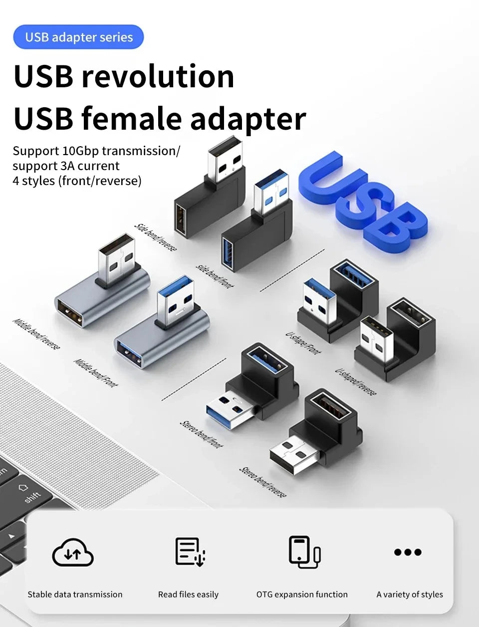 NNBILI USB3.0 Male to Female Right Angle Extension Adapter USB Upward Elbow 90 Degree Adapter 10Gbps For Laptop PC Connector