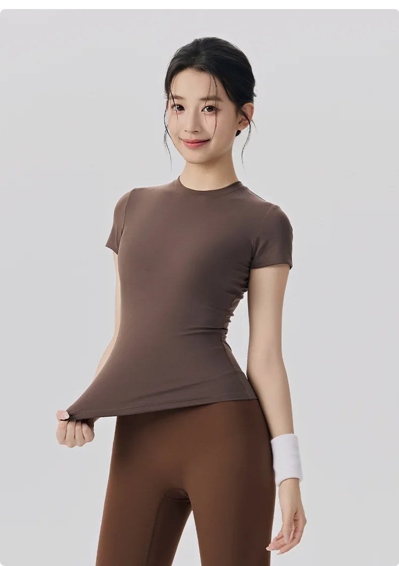 Spring and Summer Yoga Wear Short-sleeved Nude Tight-fitting Fitness Wear for Women Outdoor Running Training Sports T-shirt