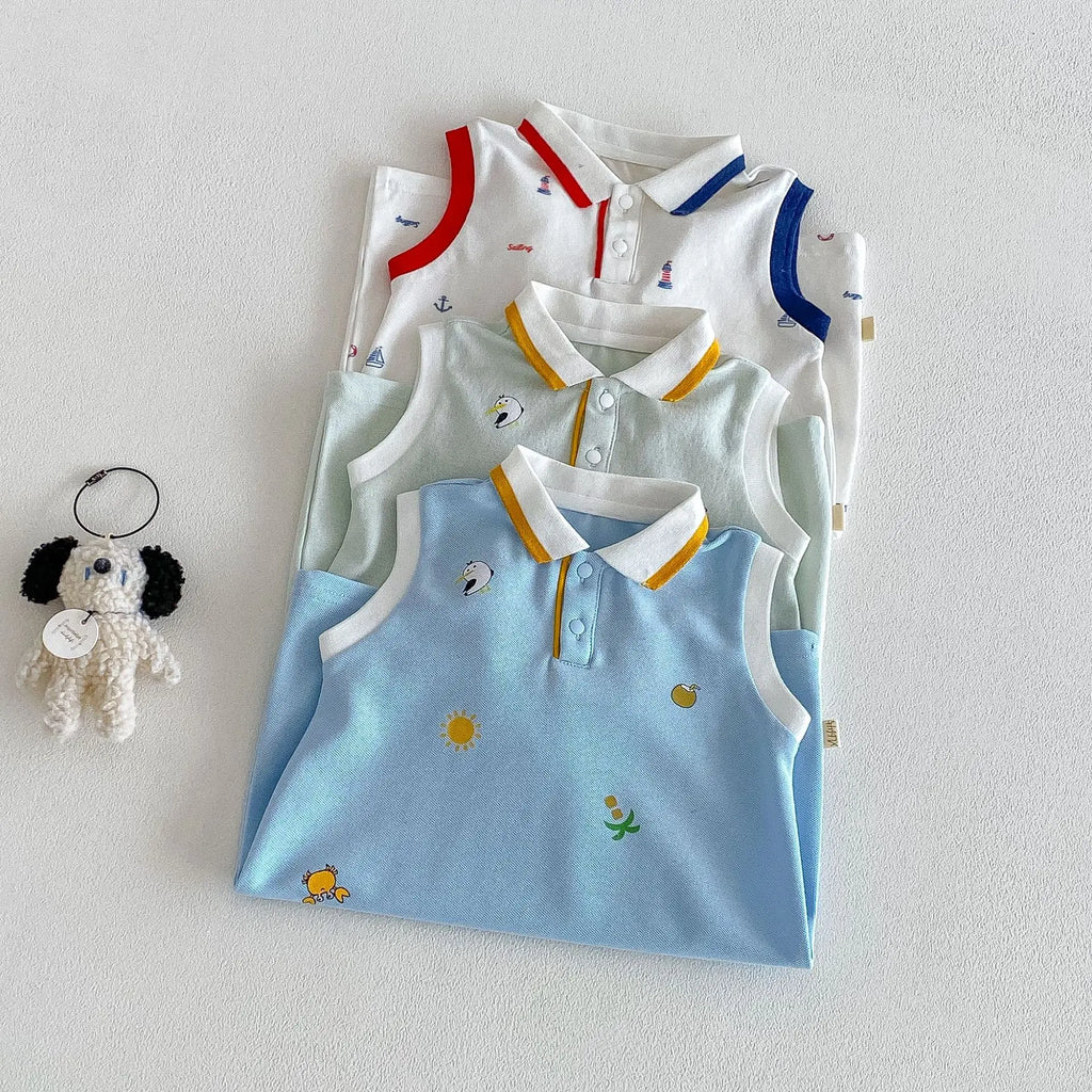 2026 New Summer 0-2Y Baby Clothes Cartoon Print Sleeveless Polo Romper Breathable Mesh Fabric with Placket Snap Closure