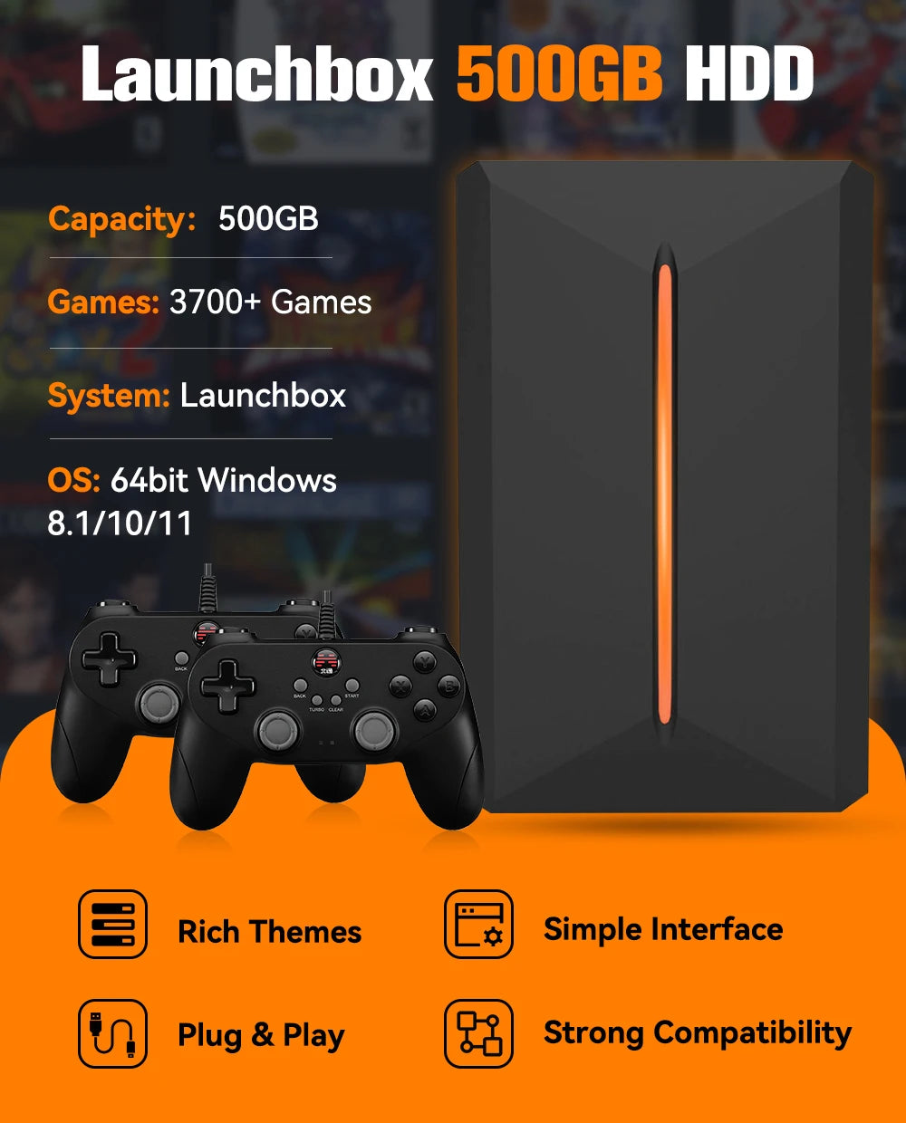Launchbox 500GB Game Hard Drive Portable Gaming HDD with 3700+PC/3D Games for PS4/PS3/PS2/Wii/WiiU/Switch Game Console for PC Secondary image