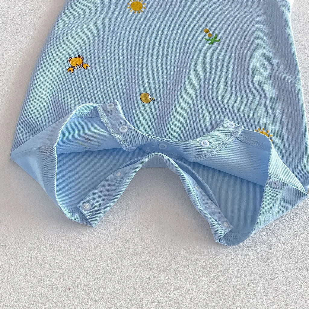 2026 New Summer 0-2Y Baby Clothes Cartoon Print Sleeveless Polo Romper Breathable Mesh Fabric with Placket Snap Closure