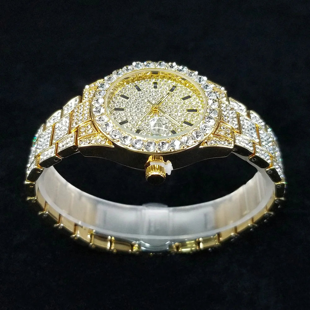 Elegant Diamond Watches Female Fashion Silver Round Stainless Steel Quartz Watch Iced Out Shiny Waterproof Clock Gift for Women