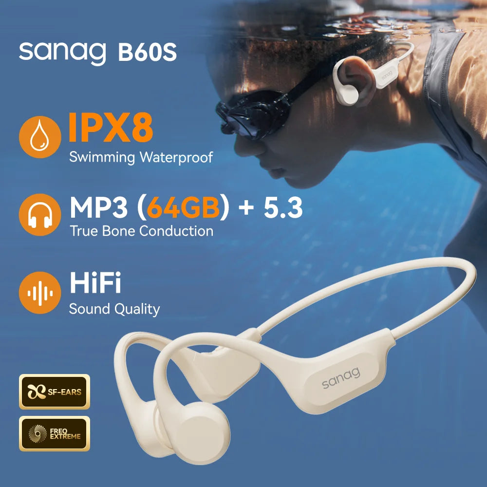 Sanag B60S Bone Conduction Earphone IPX8 Swimming Bluetooth Headphones Wireless Headset 32GB/64GB MP3 with Microphone Earbuds Main image