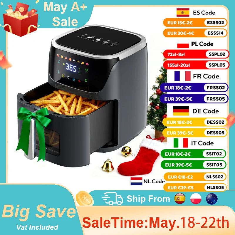 Patbrela Visible Air Fryer 7.0L 8-in-1 Max 200°C Electric Hot Fryer Oven Oilless Cooker with Touch Screen Nonstick Basket Family Size