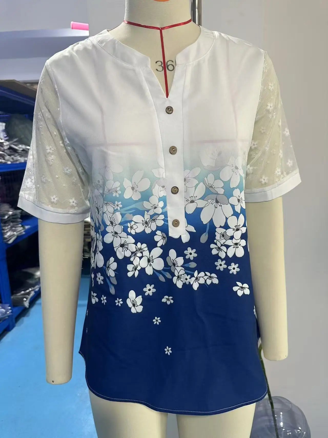 Summer Shirts Women Lace Patchwork Short Sleeve Blouse Flower Print Clothing Fashion Street Casual Daily V-Neck Button Tops 2025