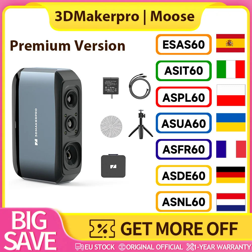 3DMakerpro Moose 3D Scanner, Al Visual Tracking, 0.07mm Resolution, 0.03mm Accuracy, Blue LED Light Source, 24-bit Color Camera, 10fps Frame Rate, Anti-Shake Lenses, Compatible with Windows/MacOS - Premium Version, Marker Fre
