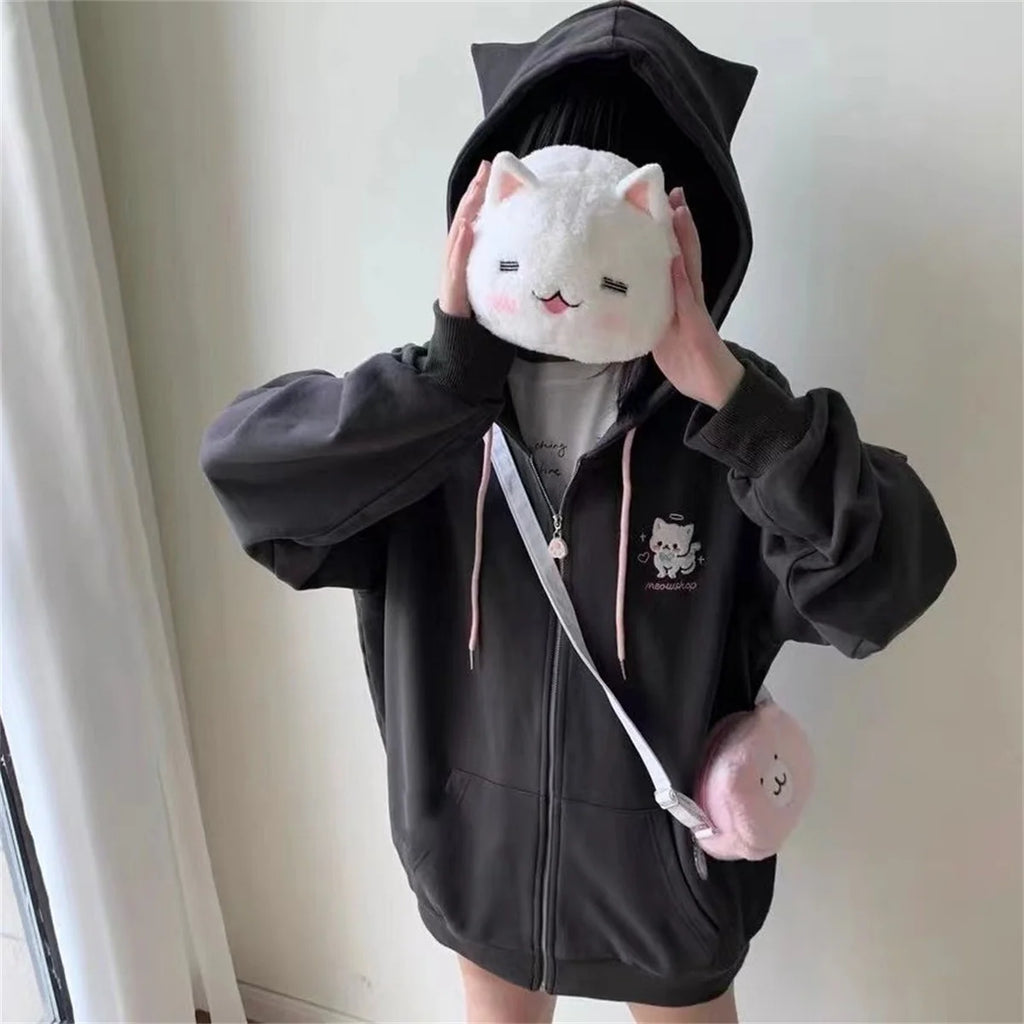 Ropa Cute Hoodies Coats Cartoon Cute Cat Ear Print Hooded Sweatshirts Y2K Tops Women Clothing Casual Zipper Loose New Hoodie