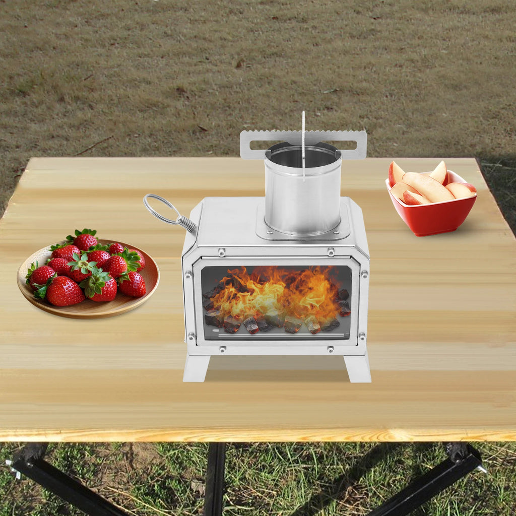 Portable Camping Wood Stove, Mini Stainless Steel Fire Pit for Outdoor Cooking, Hiking, BBQ, with Glass Window & Airflow Vents