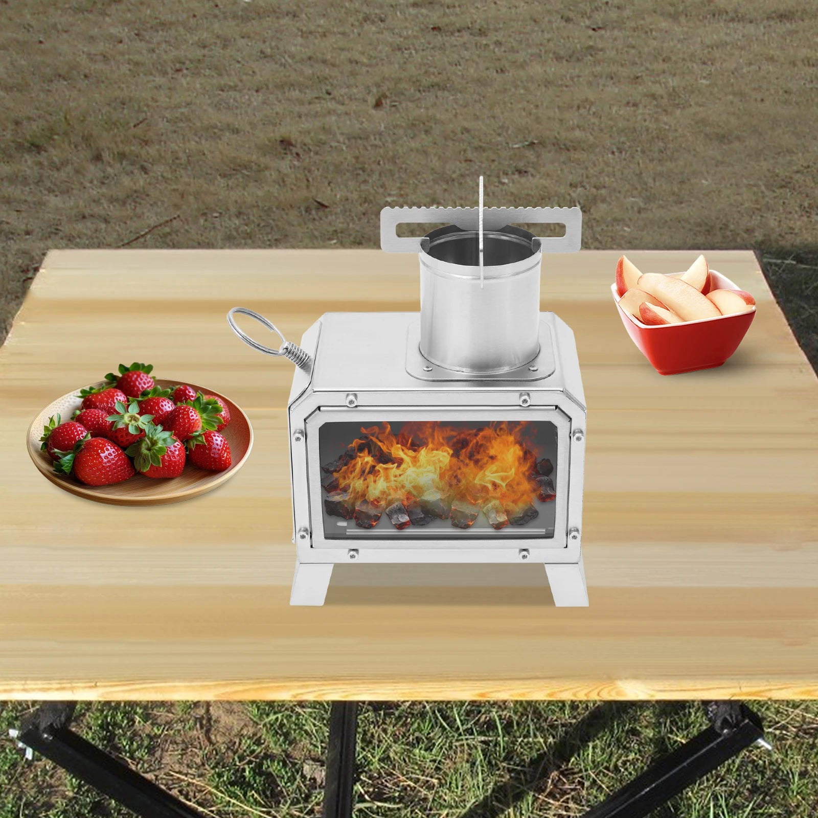 Portable Camping Wood Stove, Mini Stainless Steel Fire Pit for Outdoor Cooking, Hiking, BBQ, with Glass Window & Airflow Vents