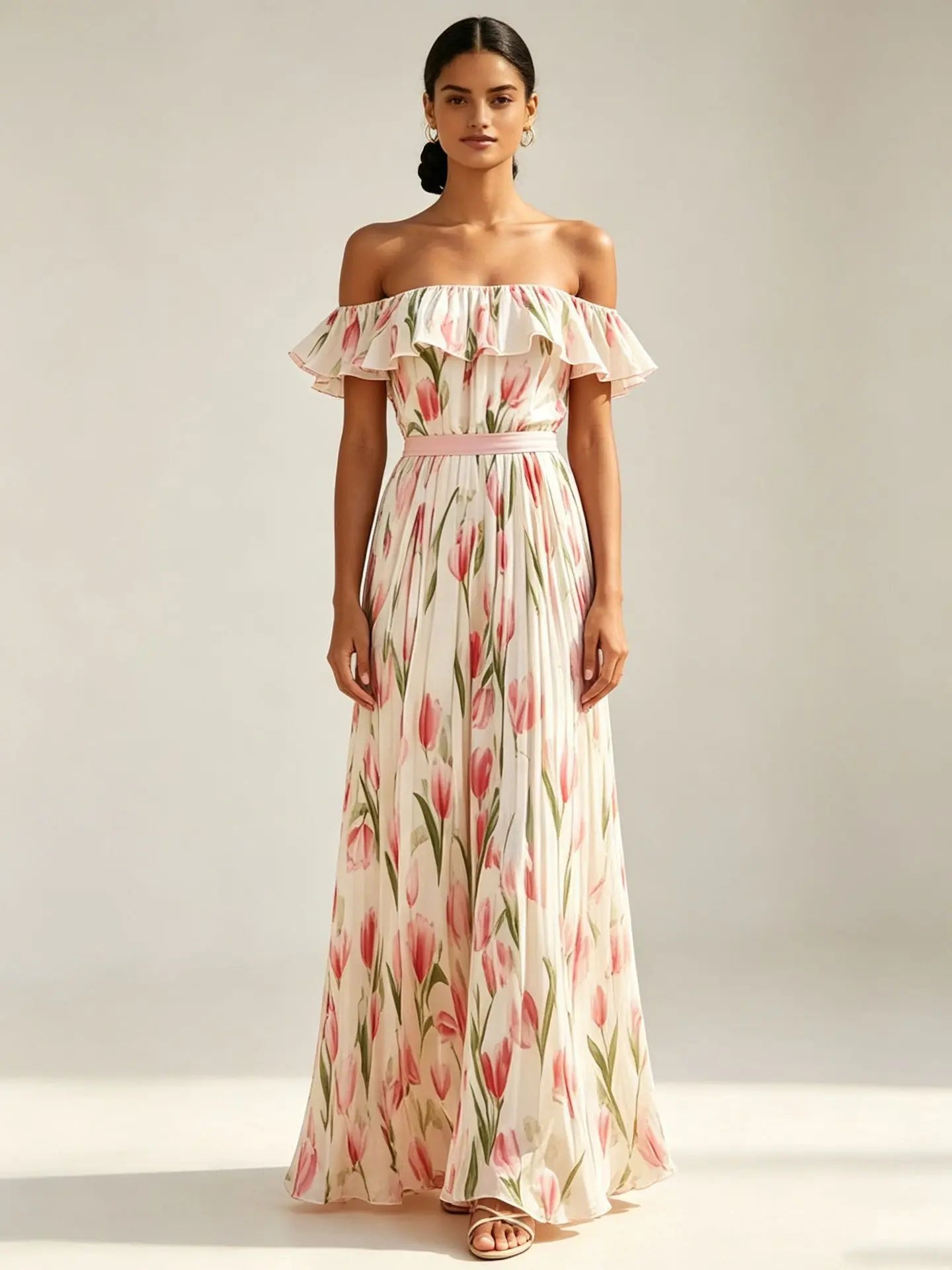 2026 summer off-the-shoulder tulip print plus size slimming square neck maxi dress