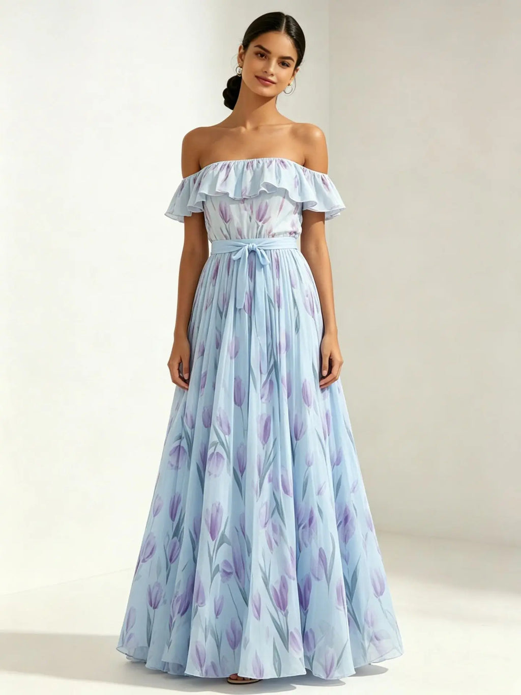 2026 summer off-the-shoulder tulip print plus size slimming square neck maxi dress