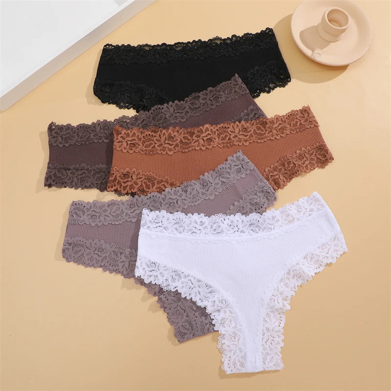FINETOO 3Pcs Women Cotton Underwear Panties Sexy Lace Brazilian Briefs Low Waist Floral Solid Color G-string Breathable Lingerie
