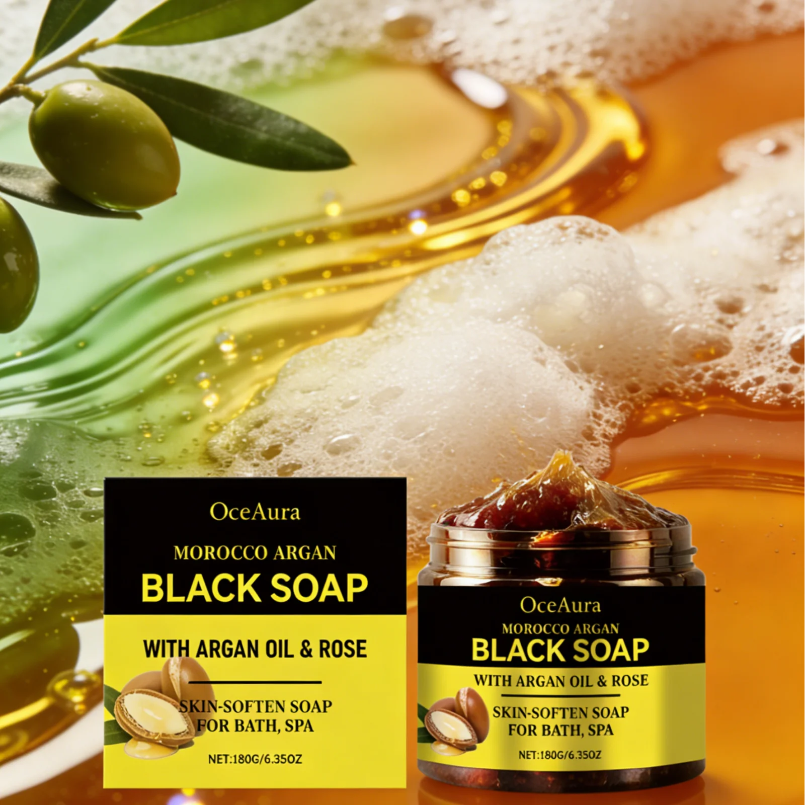 OceAura Black Soap Morocco Argan Oil Exfoliating Body Smooth Soft Professional Skin Cleaning Spa Rose Flower Oil Bath Soap 180g Main image