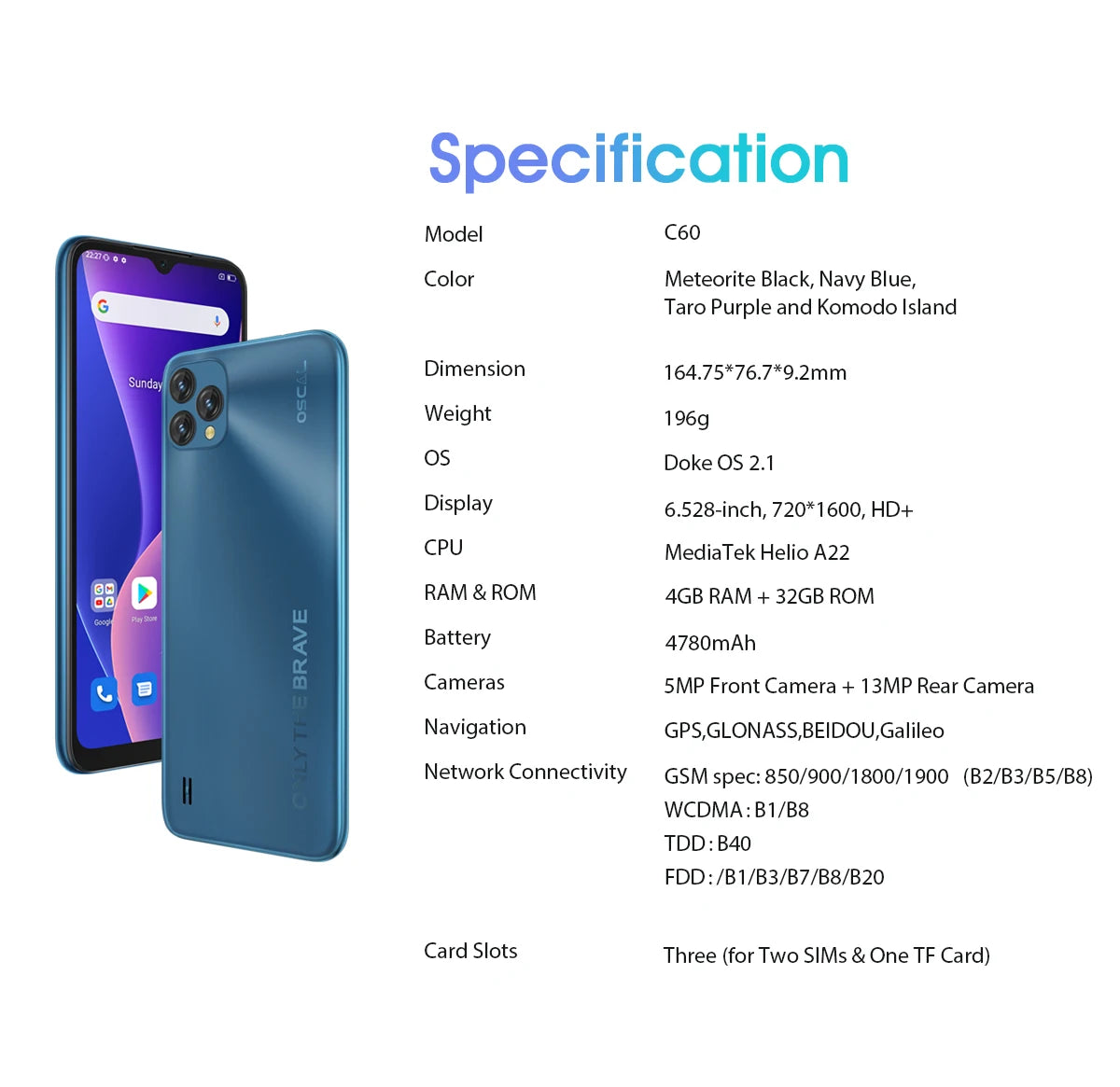 BLACKVIEW 2022 New Oscal C60 Smartphone 6.528 Inch 4GB+32GB 4780mAh 13MP + 5MP Camera Android 11 Mobile Phone With 3 Card Slots