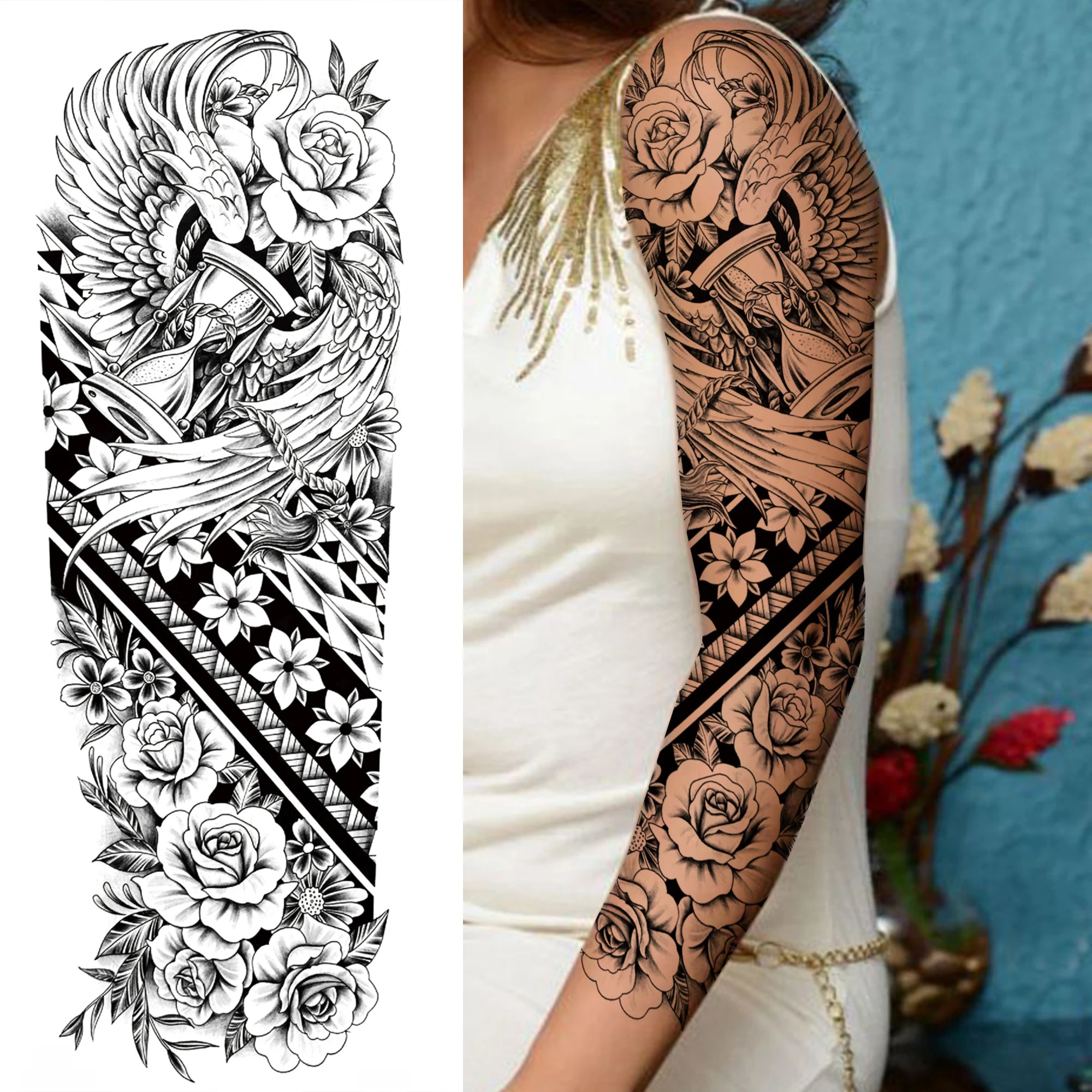 1 Sheet Full Arm Compass Zeus Skull Tiger Lion Flower Temporary Tattoos Sleeve For Men Women Adults Fake Temp Sticker Tattoo