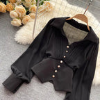 White Casual Polo-Neck Pullover Buttons Puff Sleeve Straight Women's Blouse Short Shirt Female Clothing Tops 2024 Fashion