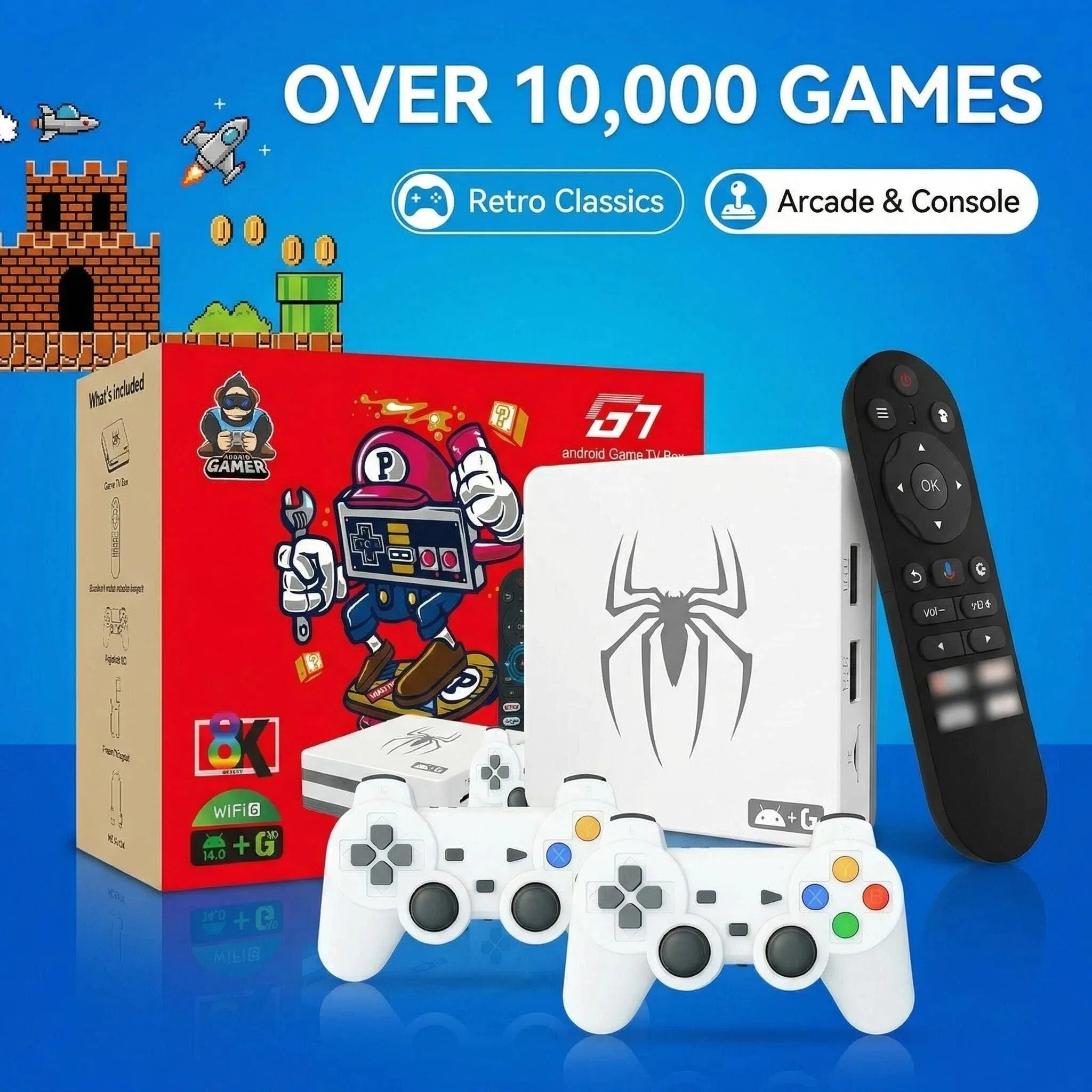 home gaming consoles G7,G8 8K 3D, supports two players, 60000 classic retro arcade games, includes 2.4G wireless controllers. Secondary image