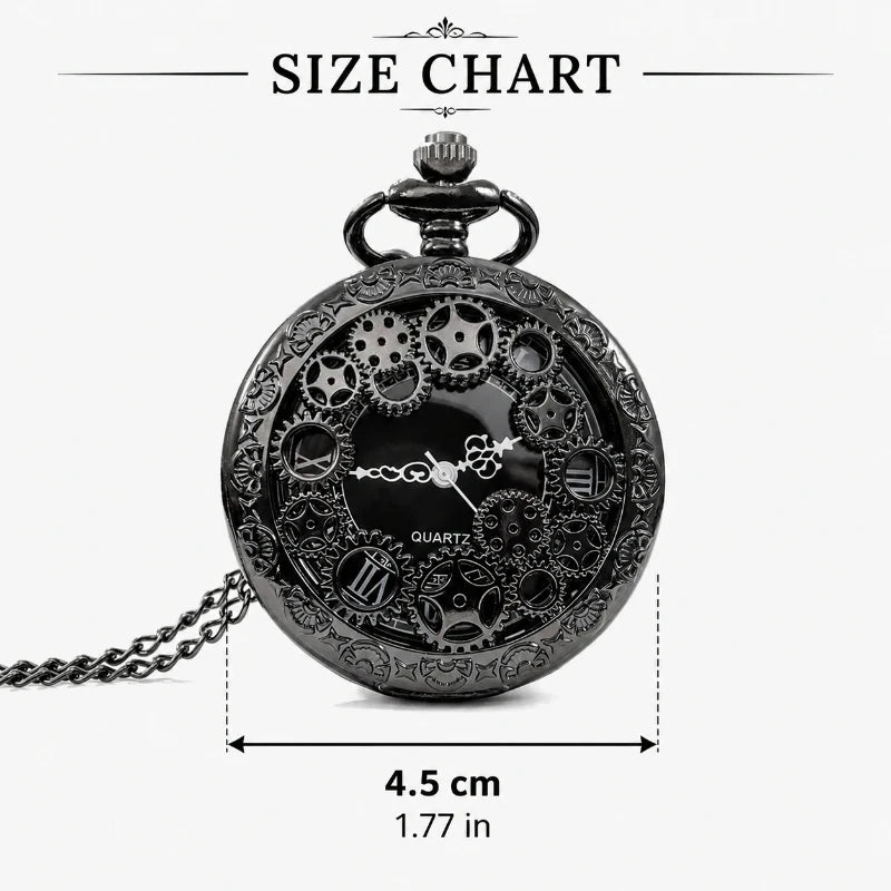 1pc Black Retro Hollow Gear Carved Quartz Pocket Watch Necklace Pendant Clock Chain Men Women Memorial Gift