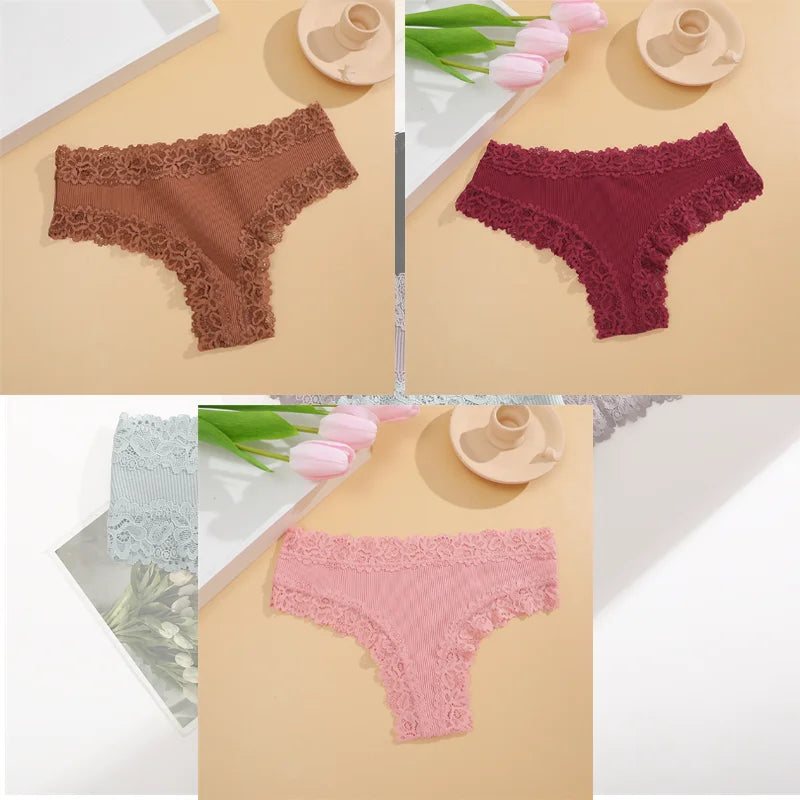 FINETOO 3Pcs Women Cotton Underwear Panties Sexy Lace Brazilian Briefs Low Waist Floral Solid Color G-string Breathable Lingerie