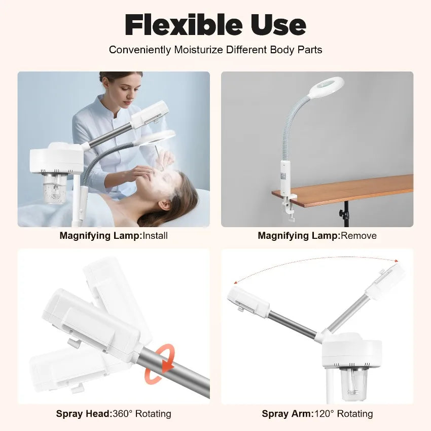 Dampfgerät für Gesicht, 2-in-1-Kombination, Zerstäuber, Ozon, Salon, Spa, Lupe, Luftbefeuchter mit LED-Lupenlampen, für Schönhei