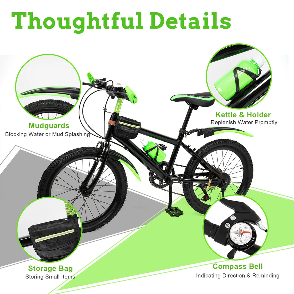 20 Inch Mountain Bike 7 Speed Gears, Adjustable Seat Kids' Bike with Mudguards Kettle Holder Kettle for Boys Girls 8-13 years