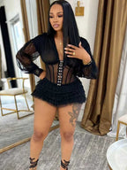 Beyprern Sexy Black Mesh Corset Jumpsuit Women Gothic Ruffle Layered Rompers Long Sleeve Sheer Bodysuit Nightclub Party Outfits