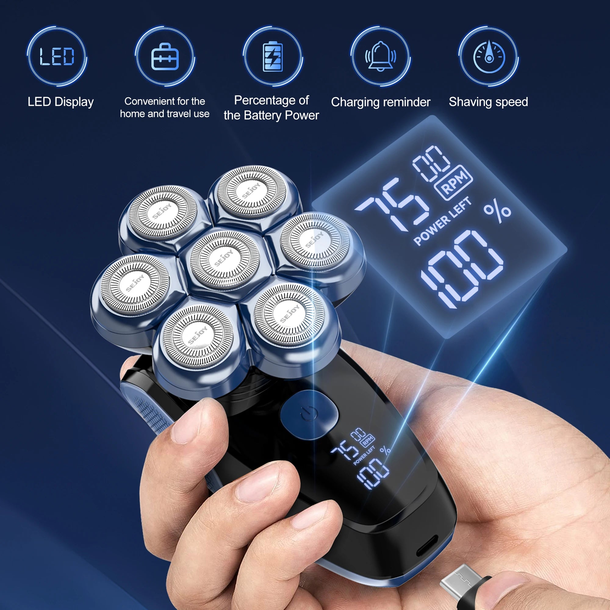 Sejoy 6-in-1 7D Head Shavers for Bald Men Electric Razor with Nose Hair Trimmer Waterproof Multifunctional Men Grooming Kit
