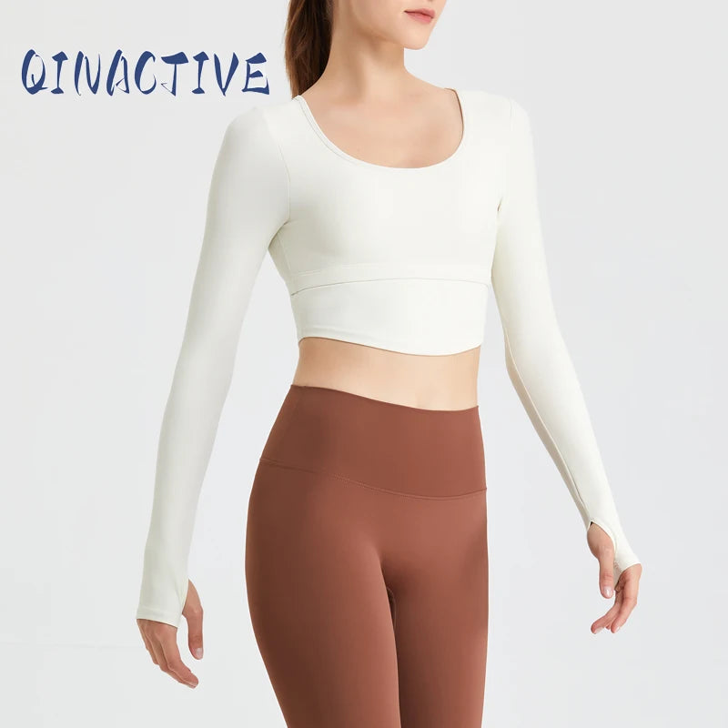 QINACTIVE Yoga suit with long sleeves chest pads new autumn winter tight fitting top T-shirt sport running training fitness suit