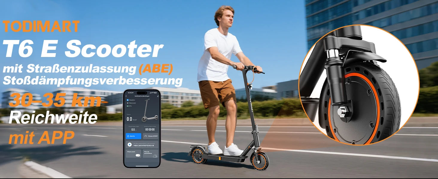 TODIMART T6 ABE E Scooter Mit Straßenzulassung, 30-35 km range, 350-500W brushless motor, dual brakes, and 8.5-inch run-flat tires