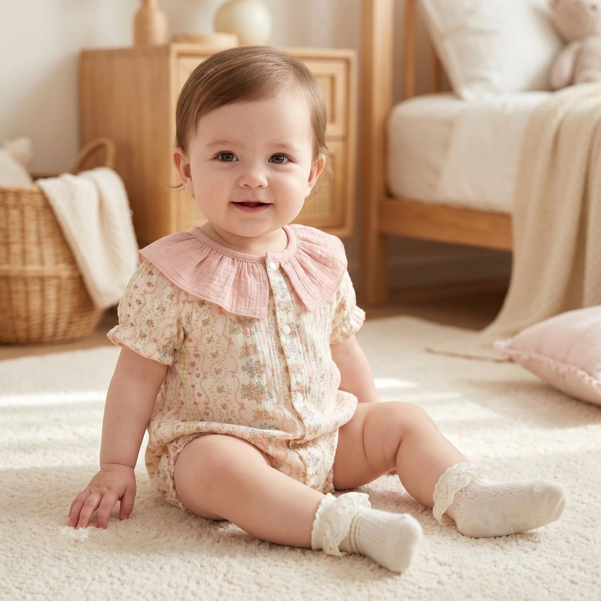 2026 Summer Baby Bodysuit Floral Print Cotton Peter Pan Collar Puff Sleeve Romper for Girls Soft Breathable Outfit Main image