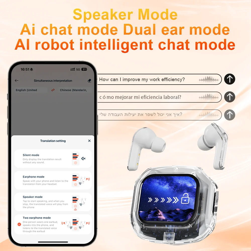 Translation Headphones with Touch Screen Wireless Bluetooth 5.4 Smart  Earphone HiFi Audio High Quality Transparent Case Headset