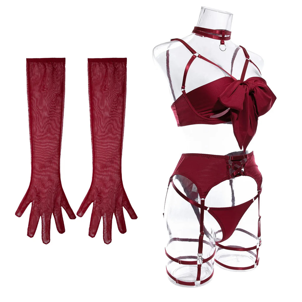 Sexy Hollow Out Bow Decor Lingerie Set Women Solid Exotic Apparel Suit Female Pure Desire Style Underwear with Garter and Gloves