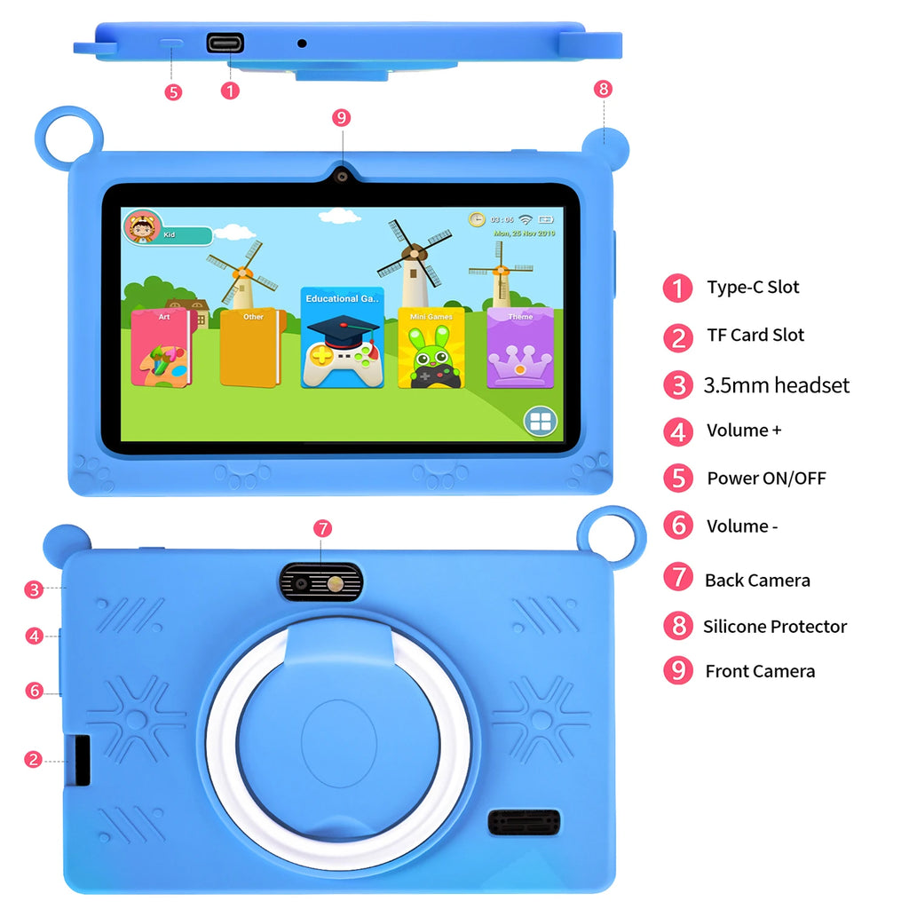 New Global Android Version 7 Inch tablets Quad Core 4GB+64GB ROM 5G WiFi Google Kids Tablets Portable Kids-Proof protective case