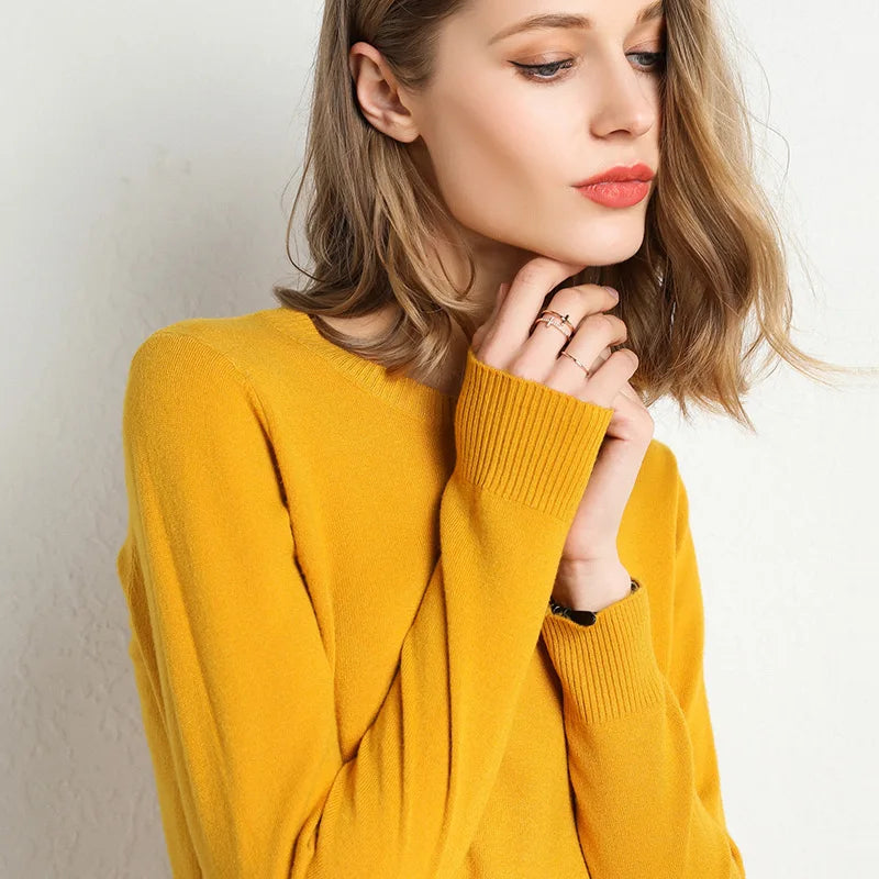 Women Slim O-Neck Pullover Cashmere Wool Blending Sweater Autumn And Winter Long-Sleeved Knit Bottoming Shirt Large Size 2024