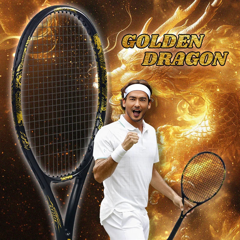 Golden-Dragon Carbon Fiber Tennis Racket For Adults, Ideal for Intermediate Training, Chinese Style Dragon, 50~60lbs, Free Gifts