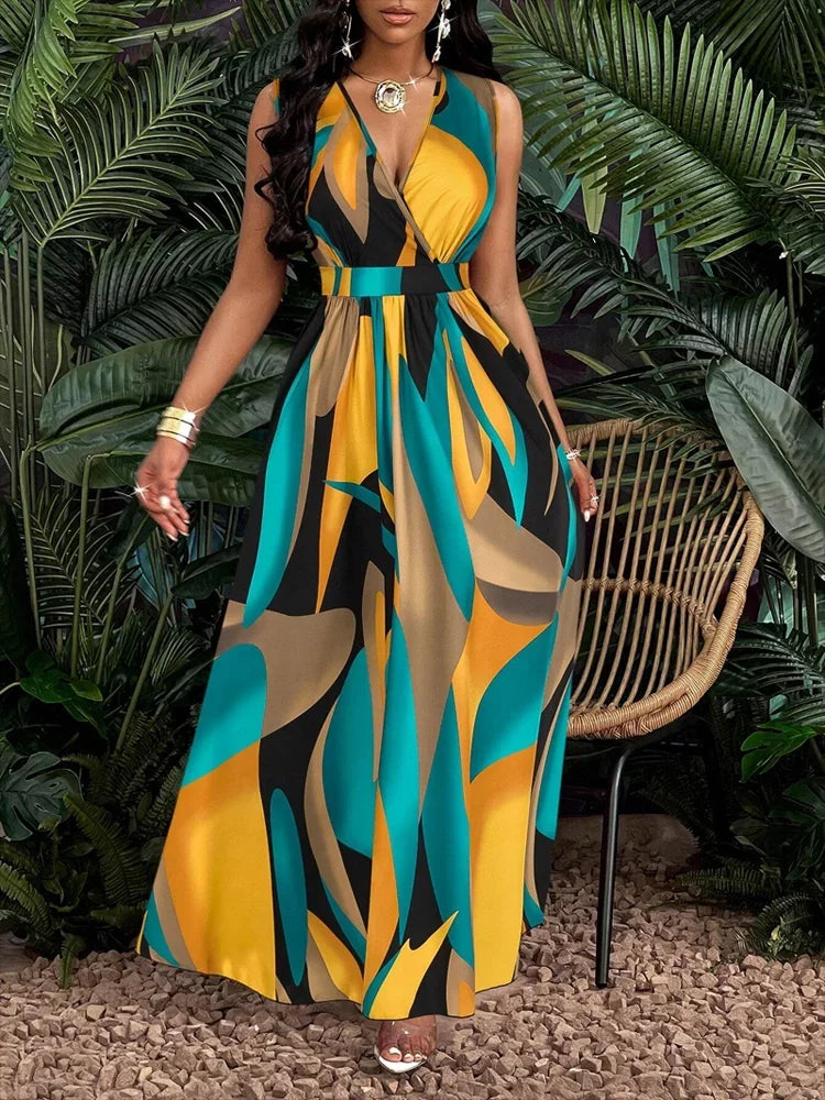 Women's sleeveless V-neck floor-length dress with abstract prints - fashionable for beach and casual occasions