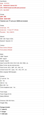 11.6 INCH RCT6716 WIFI Tablet PC 2GB RAM 32GB ROM Android 10.0 MT8167 CPU WIFI 768 x 1368 IPS Screen Quad  Core