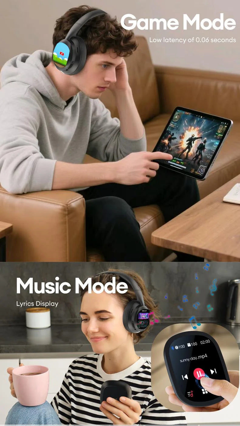 AI LCD Touch Screen Shock Bass Headsets HIFI Sound Wireless Bluetooth Headphones ANC Noise Reduction Gamer Earphones With Mic