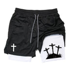 Print 2 in 1 Running Workout Shorts for Men Christian Gym Athletic Performance Shorts with Phone Pocket Towel Loop Activewear