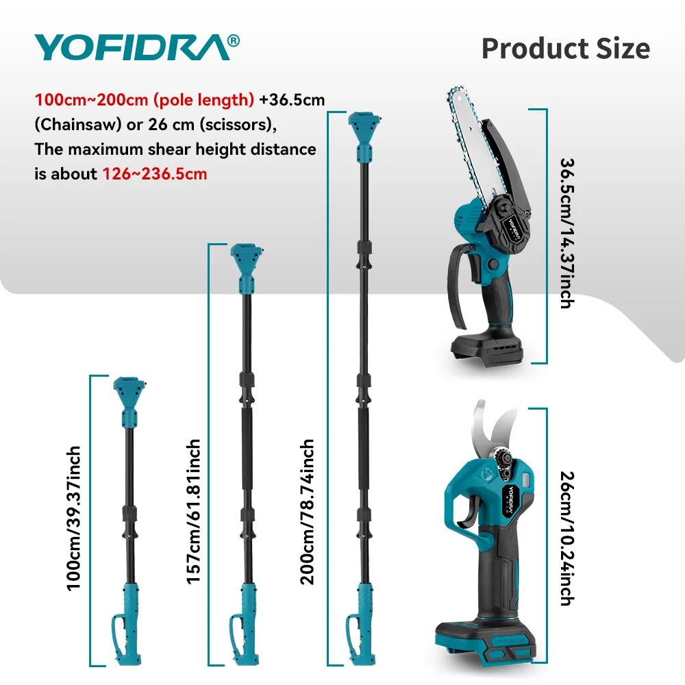 YOFIDRA Brushless Telescoping Pole Electric Chainsaw High Scalable 30MM Pruner Shear Scissor Garden Tool For Makita Battery Pin