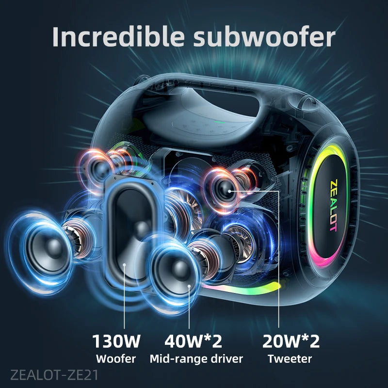 ZEALOT-ZE21 250W Portable Bluetooth Speaker High Volume Waterproof 48000mAh Wireless TWS Subwoofer Suporrt USB/TF/AUX RGB light Secondary image