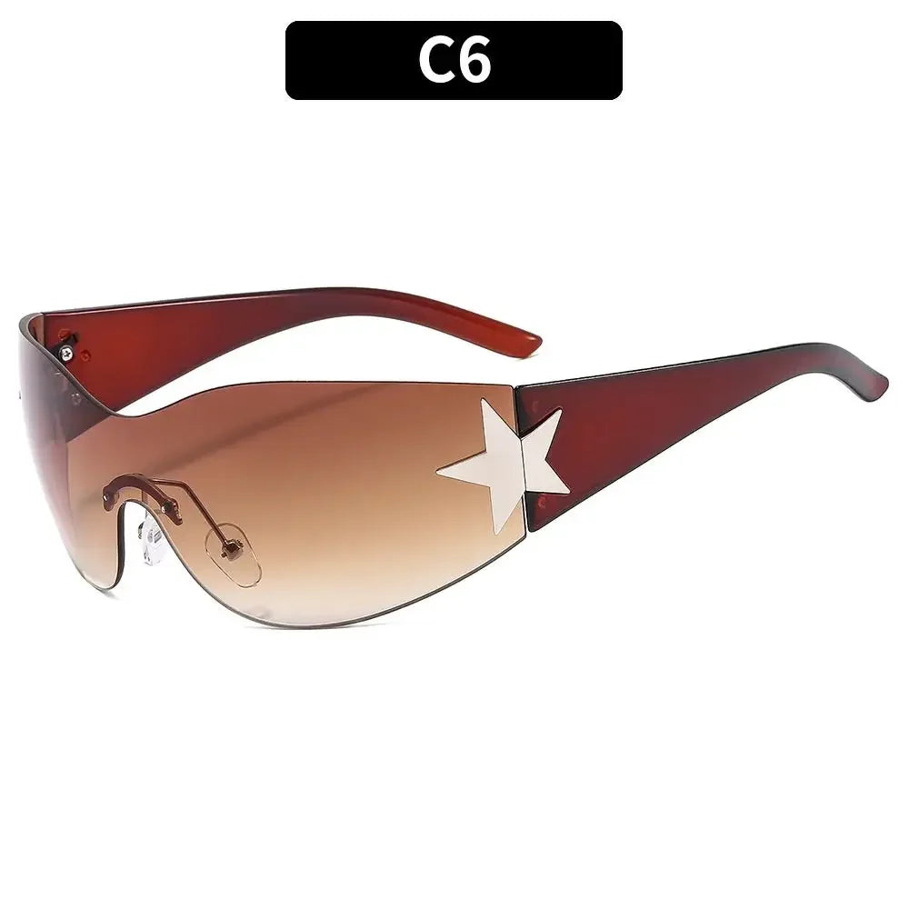 New Y2K Rimless Punk Sunglasses Goggle Women Men Luxury Brand Wrap Around Sun Glasses Five Star Eyewear Sports One Piece Shades