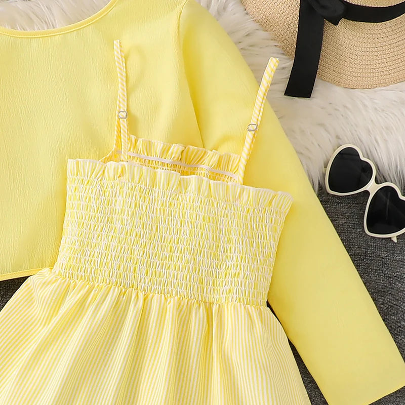 Kid Girl Long Sleeve Bow Design Coat & Beige All Print Shirred-Bodice Sling Dress Set Cute Sweet Elegant Princess Dress For Kids
